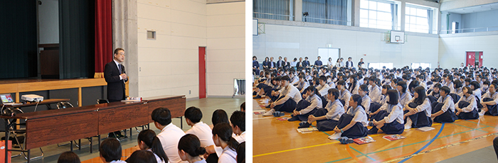 清水教授(左)と高校生ら(右) 清水教授(左)と高校生ら(右)